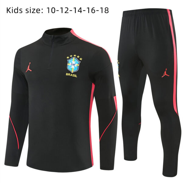 2026 Brazil Black and Orange-Red Half-Zip Training Suit Kids Set