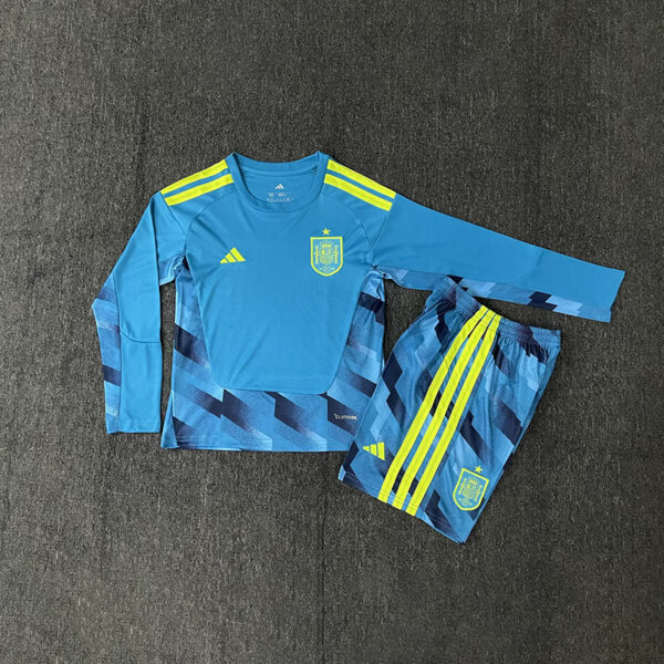 2026 Spain Blue Goalkeeper Long-Sleeve Set (Long-Sleeve + Shorts) Kids Set
