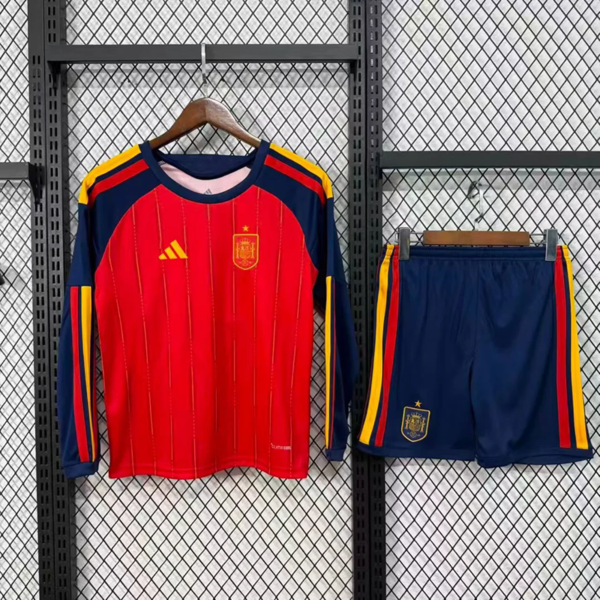 2026 Spain World Cup Home Stadium (Long-sleeved + Shorts) Kids Set