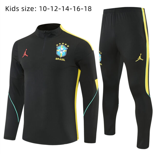 2026 Brazil Black and Yellow Half-Zip Training Suit Kids Set